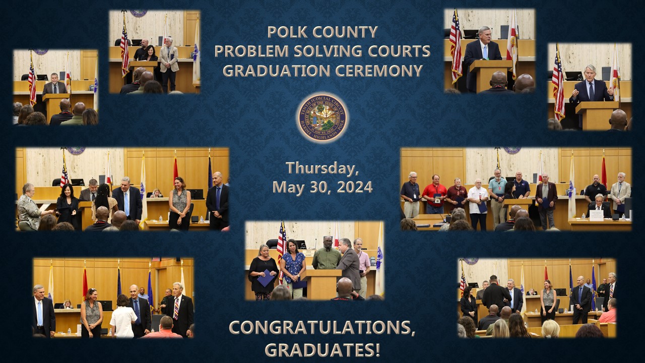 Collage of photos showing the graduates in front of Judge's bench surround podium, as well as the speakers: The Honorable Dennis Ross , Judge Yancey, Judge Barber, Judge Kaylor, Judge Sites, Trial Court Administrator Nick Sudzina, and Problem Solving Courts Director James Clanton standing at the podium